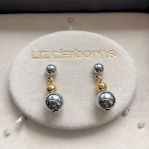 BALL DROP EARRINGS. TWO TONED TRIPLE BALL DROP EARRINGS BY LIZ CLAIBORNE.